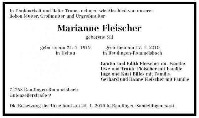 Sill Marianne 1919-2010 Todesanzeige